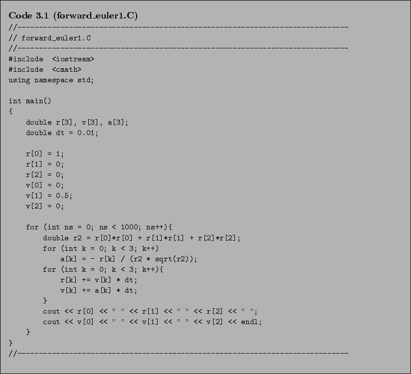 \begin{Code}[forward\_euler1.C]
\small\verbatiminput{chap3/forward_euler1.C} \end{Code}