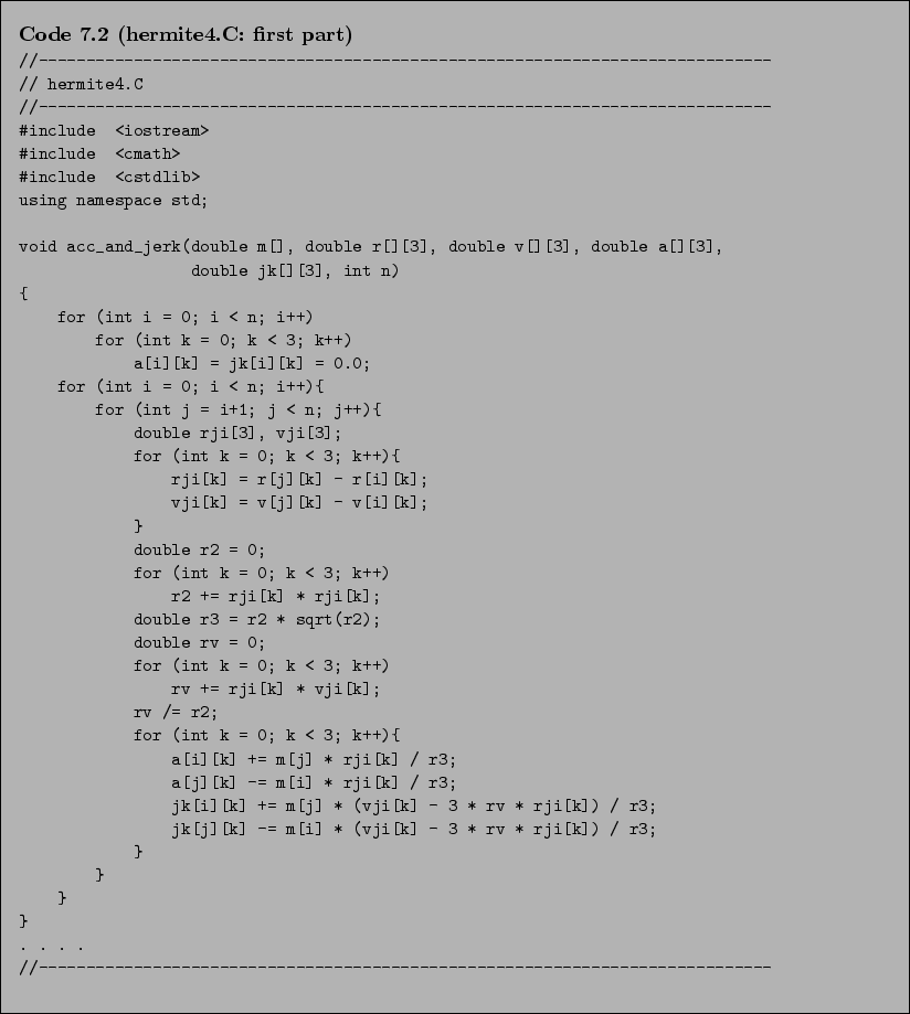 \begin{Code}[hermite4.C: first part]
\small\verbatiminput{chap7/hermite4.C.first_third} \end{Code}
