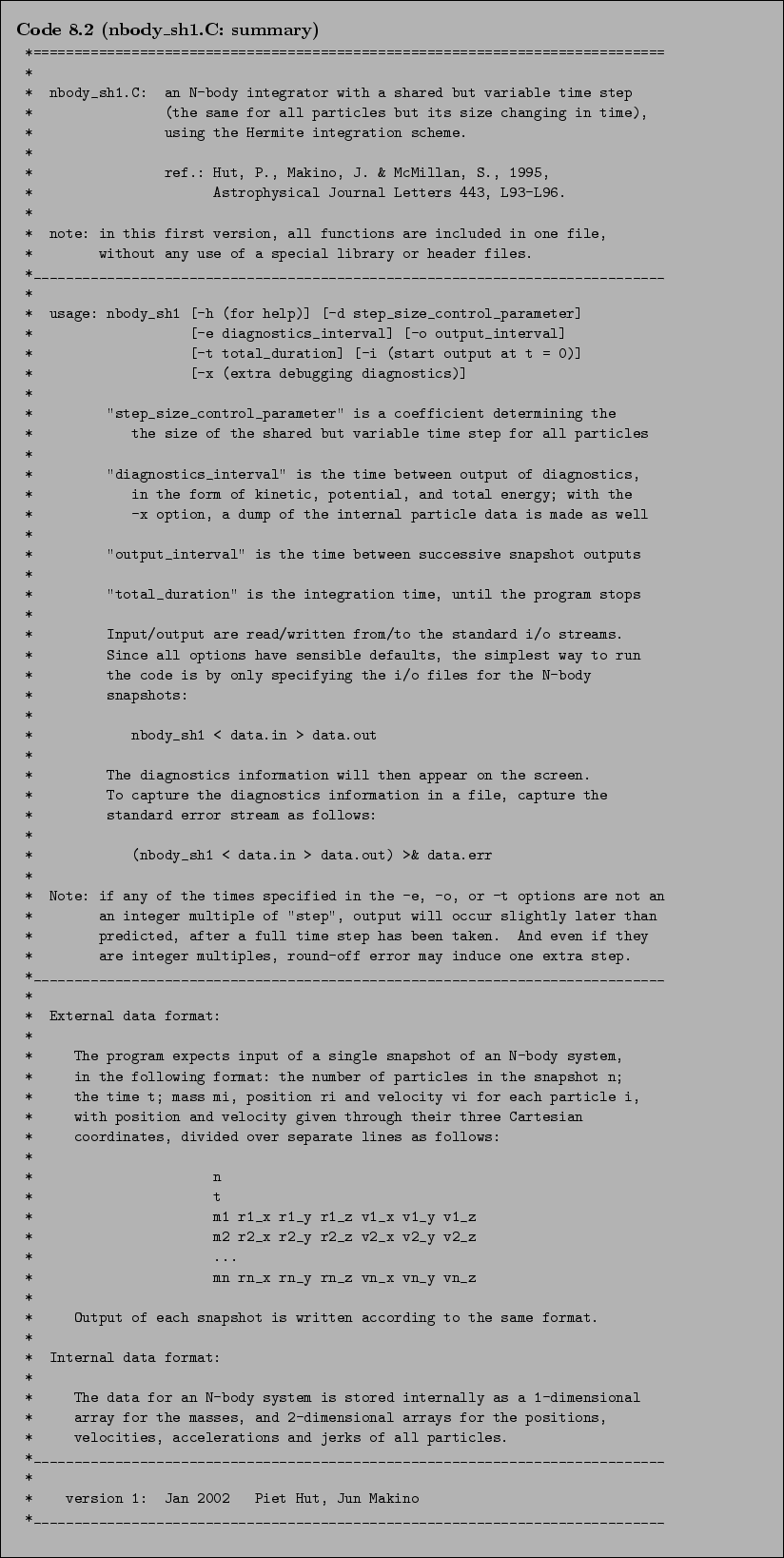\begin{Code}[nbody\_sh1.C: summary]
\small\verbatiminput{chap8/nbody_sh1.C.1_summary} \end{Code}